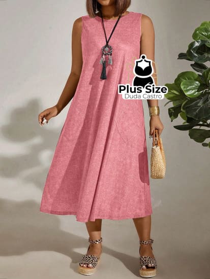 Vestido Plus Size Sem Mangas Com Decote Redondo E Bolsos Várias Cores G / Rosa Empoeirado Vestidos