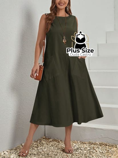 Vestido Plus Size Sem Mangas Com Decote Redondo E Bolsos Várias Cores G / Verde Militar Vestidos