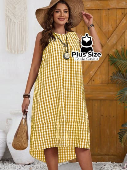 Vestido Sem Manga De Gola Redonda Xadrez Plus Size Várias Cores Vestidos Size