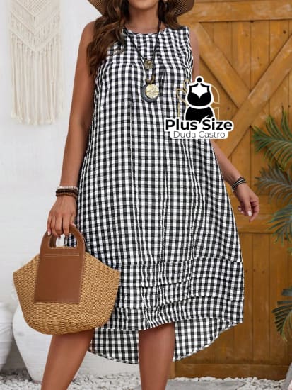 Vestido Sem Manga De Gola Redonda Xadrez Plus Size Várias Cores G / Preto E Branco Vestidos Size