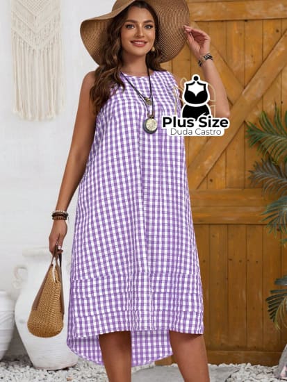 Vestido Sem Manga De Gola Redonda Xadrez Plus Size Várias Cores G / Roxo Vestidos Size