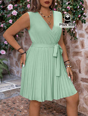 Vestido Sem Mangas Decote Em V Plus Size Saia Drapeada Liso Várias Cores