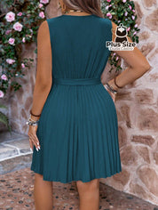 Vestido Sem Mangas Decote Em V Plus Size Saia Drapeada Liso Várias Cores