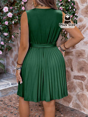 Vestido Sem Mangas Decote Em V Plus Size Saia Drapeada Liso Várias Cores