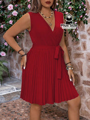 Vestido Sem Mangas Decote Em V Plus Size Saia Drapeada Liso Várias Cores