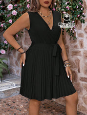Vestido Sem Mangas Decote Em V Plus Size Saia Drapeada Liso Várias Cores