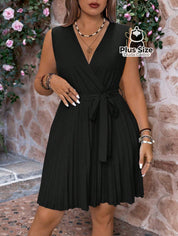 Vestido Sem Mangas Decote Em V Plus Size Saia Drapeada Liso Várias Cores