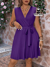 Vestido Sem Mangas Decote Em V Plus Size Saia Drapeada Liso Várias Cores