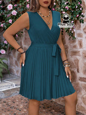 Vestido Sem Mangas Decote Em V Plus Size Saia Drapeada Liso Várias Cores G / Azul Petróleo