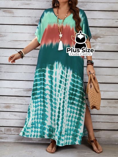 Vestido Tie Dye Solto Confortável Plus Size G1 / Verde Escuro Vestido