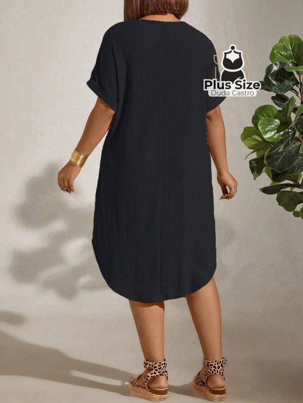 Vestido com Textura Gola Redonda e Manga Morcego Várias Cores Plus Size Vestido com Textura Gola Redonda e Manga