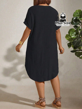 Vestido com Textura Gola Redonda e Manga Morcego Várias Cores Plus Size Vestido com Textura Gola Redonda e Manga