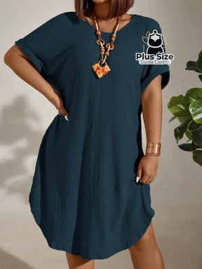 Vestido com Textura Gola Redonda e Manga Morcego Várias Cores Plus Size Vestido com Textura Gola Redonda e Manga