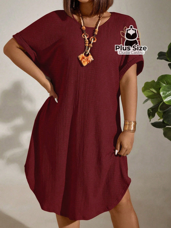 Vestido com Textura Gola Redonda e Manga Morcego Várias Cores Plus Size Vestido com Textura Gola Redonda e Manga