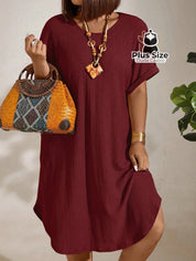 Vestido com Textura Gola Redonda e Manga Morcego Várias Cores Plus Size Vestido com Textura Gola Redonda e Manga