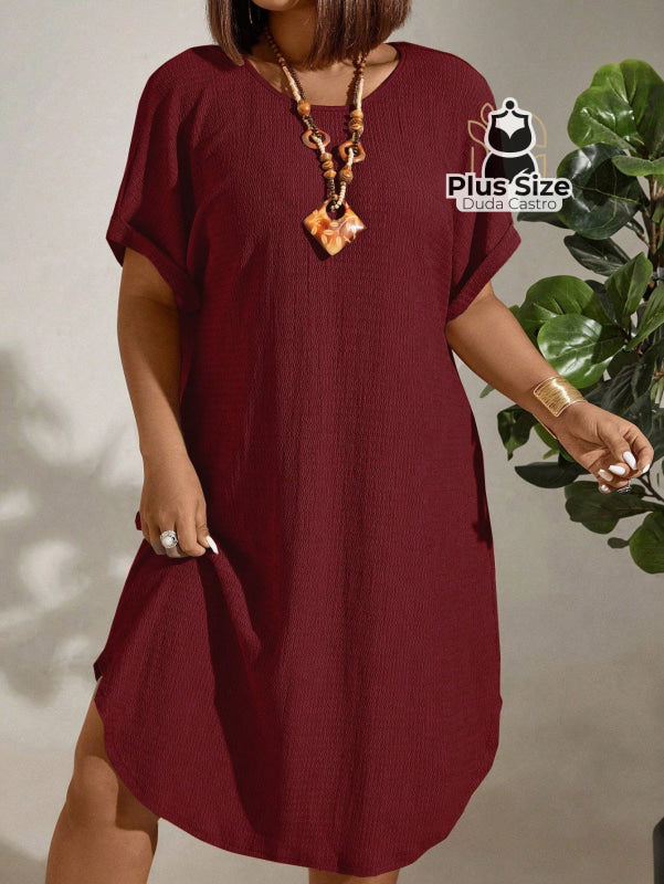 Vestido com Textura Gola Redonda e Manga Morcego Várias Cores Plus Size Vestido com Textura Gola Redonda e Manga