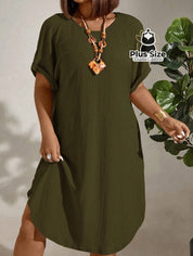 Vestido com Textura Gola Redonda e Manga Morcego Várias Cores Plus Size Vestido com Textura Gola Redonda e Manga