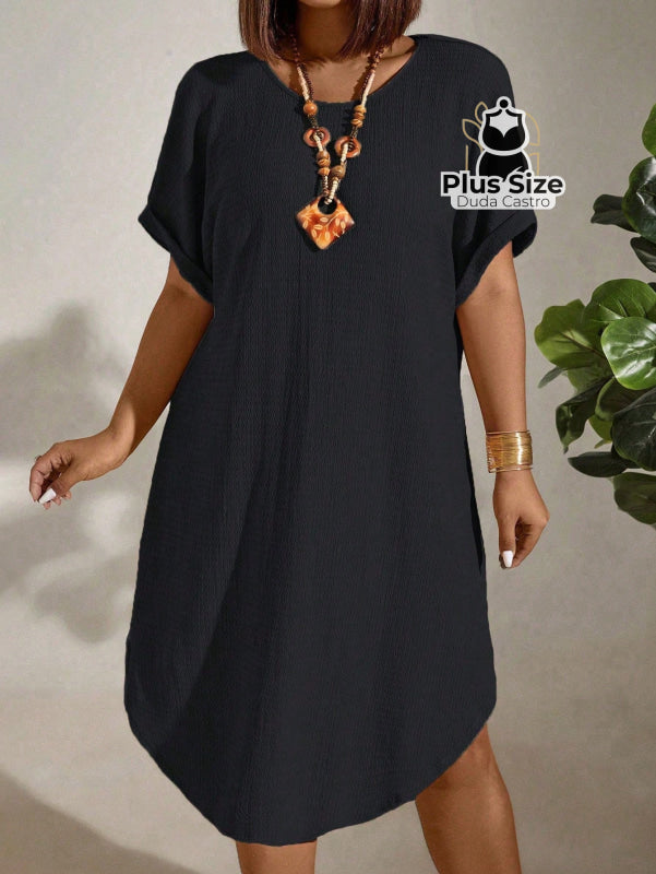 Vestido com Textura Gola Redonda e Manga Morcego Várias Cores Plus Size Vestido com Textura Gola Redonda e Manga