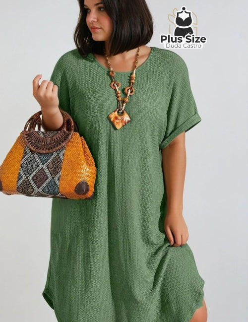  Verde Oliva Vestido Túnica Textura Elegante Plus Size