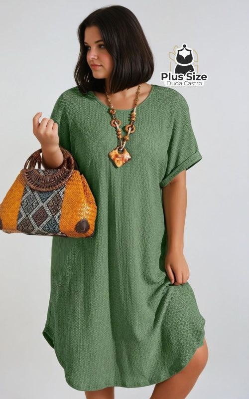 Vestido Túnica Textura Elegante Plus Size G / Verde Oliva Vestido Túnica Textura Elegante Plus Size